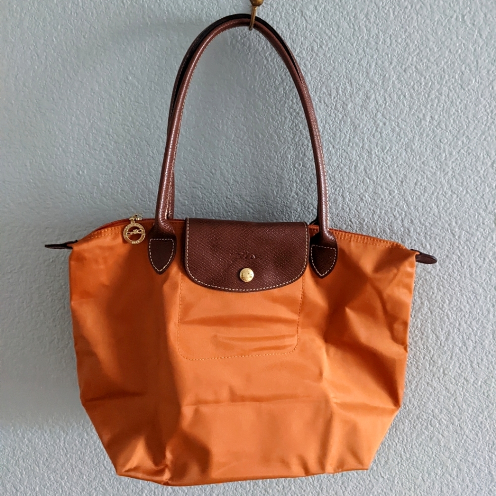 Copper orange Longchamp Le pliage tote leather shoulder handles 🍂🎃 pumpkin